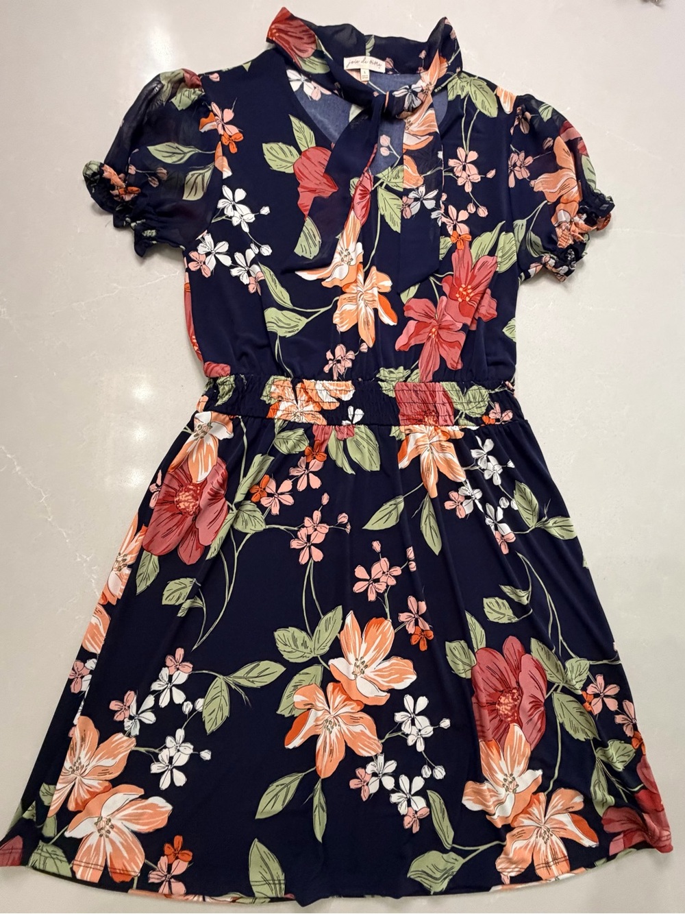 Joie De Vivre Navy Floral Sheer Sleeve Chiffon Tie Neck Skater A-Line Dress L